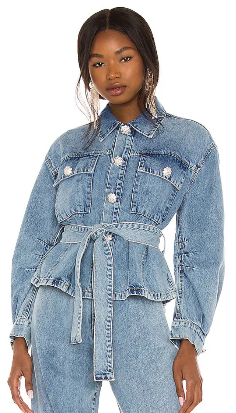 Lovers + Friends Denim Jacket with Diamond Buttons and Belt