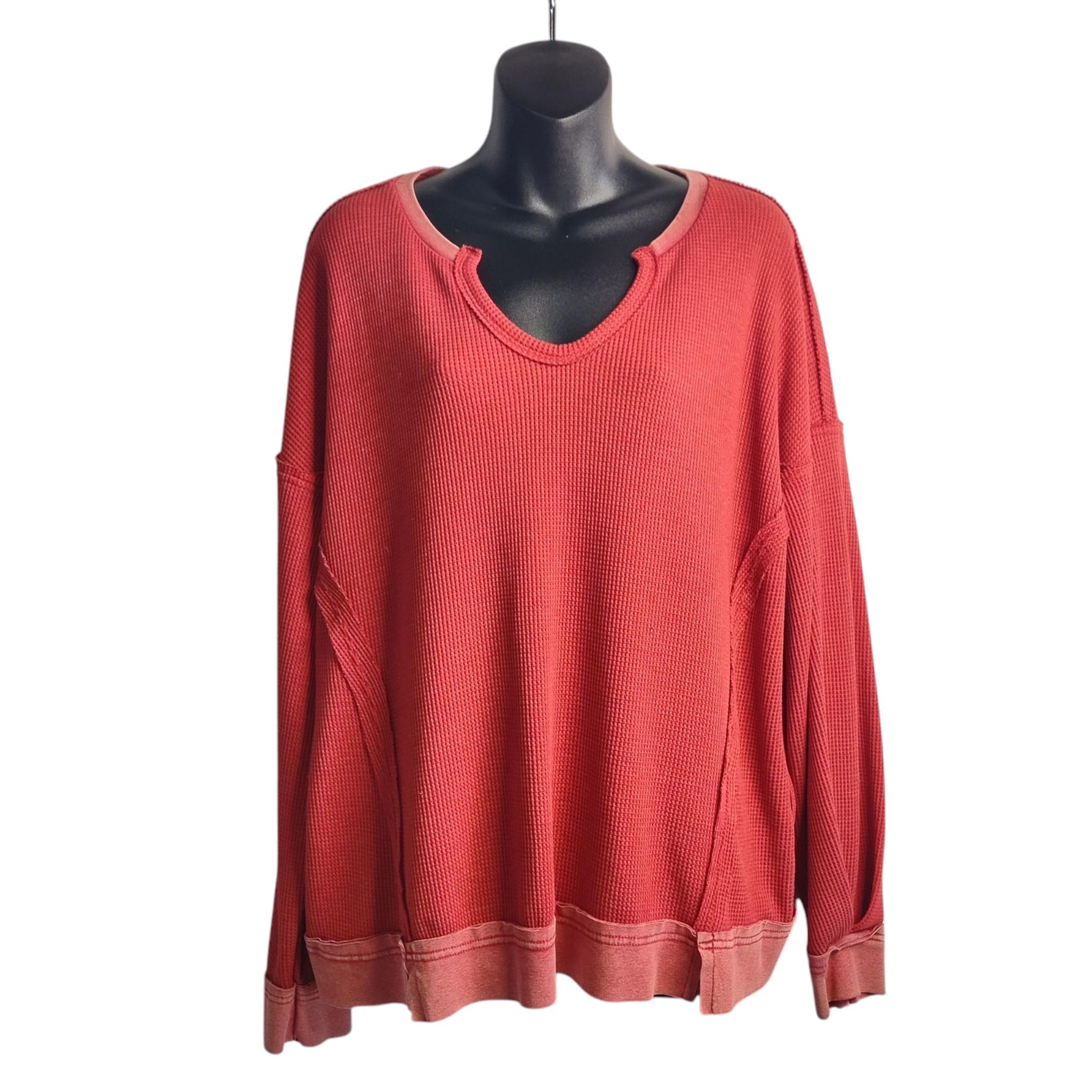 Umgee Women's Coral Red Waffle Knit V-Neck Longsleeve Oversized Top Size S