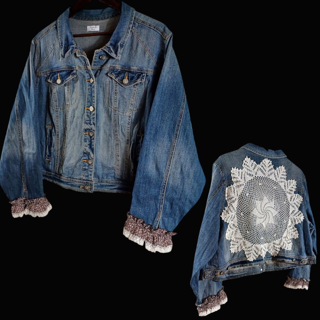 Upcycled Jean Jacket Sz L Crochet Doily Back Boho Cottagecore Peasant Lace Vibe