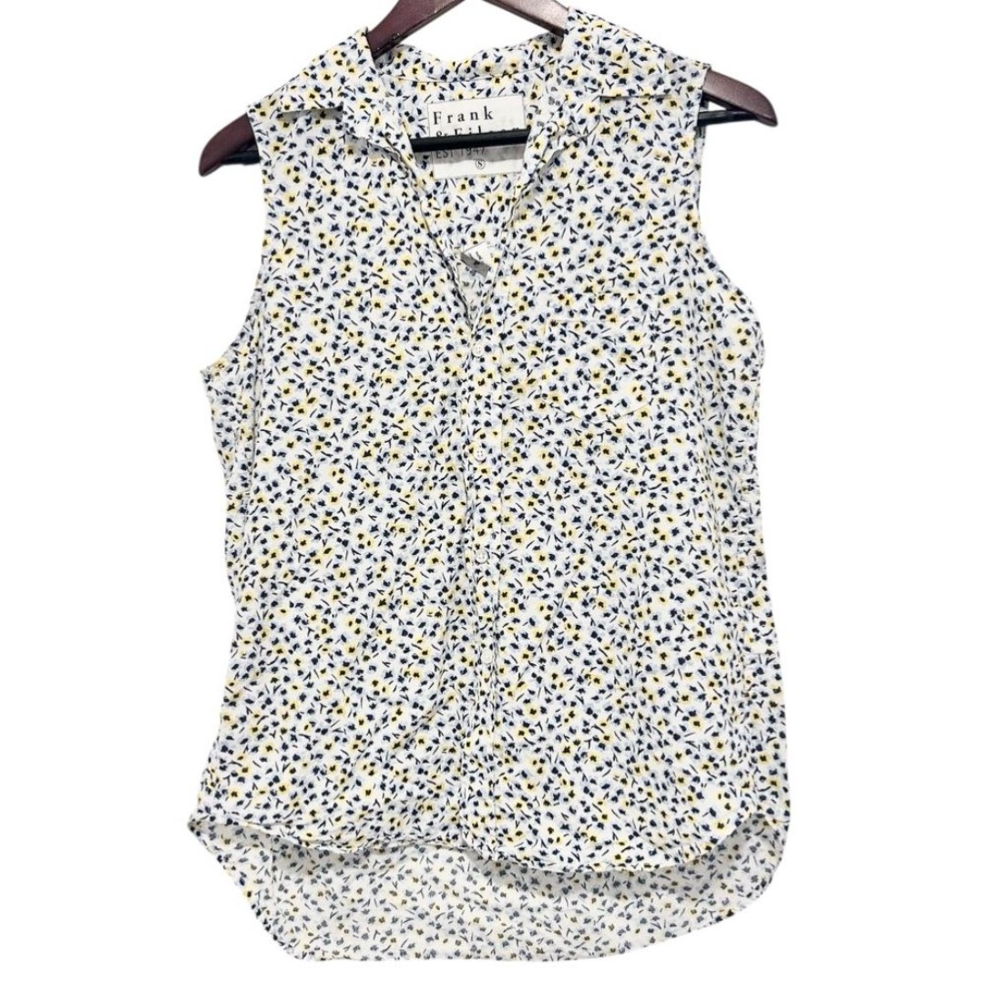 Frank & Eileen Fiona Cotton Chambray Sleeveless Button Down Top Floral Small