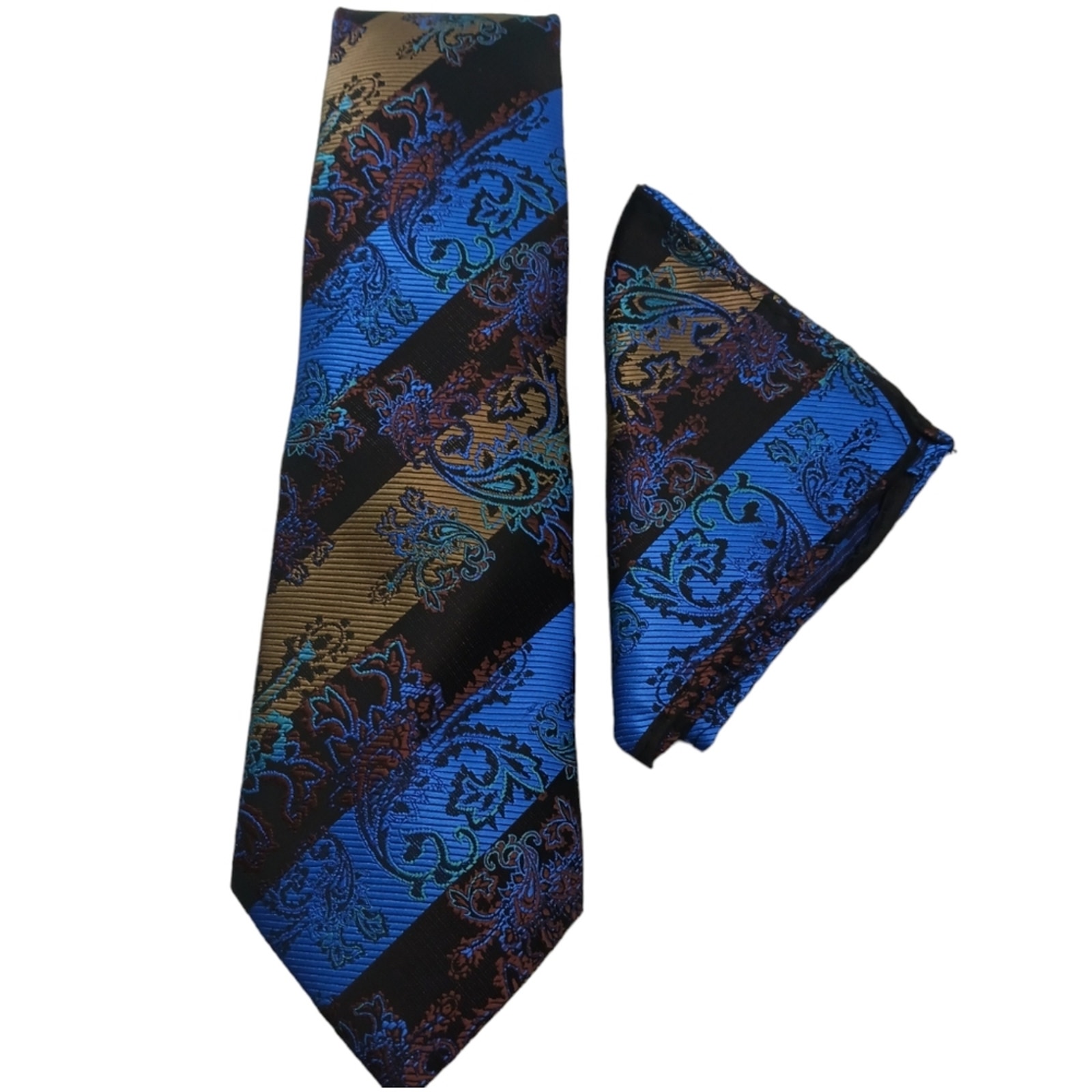 Jason & Vogue Mens Tie & Pocket Square Blue Brown Paisley Formal