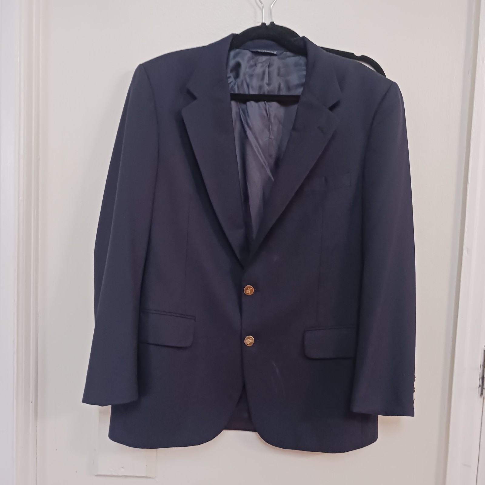 Burberrys Blazer Sportscoat Mens Navy Blue Gold Logo Button Wool Union Made