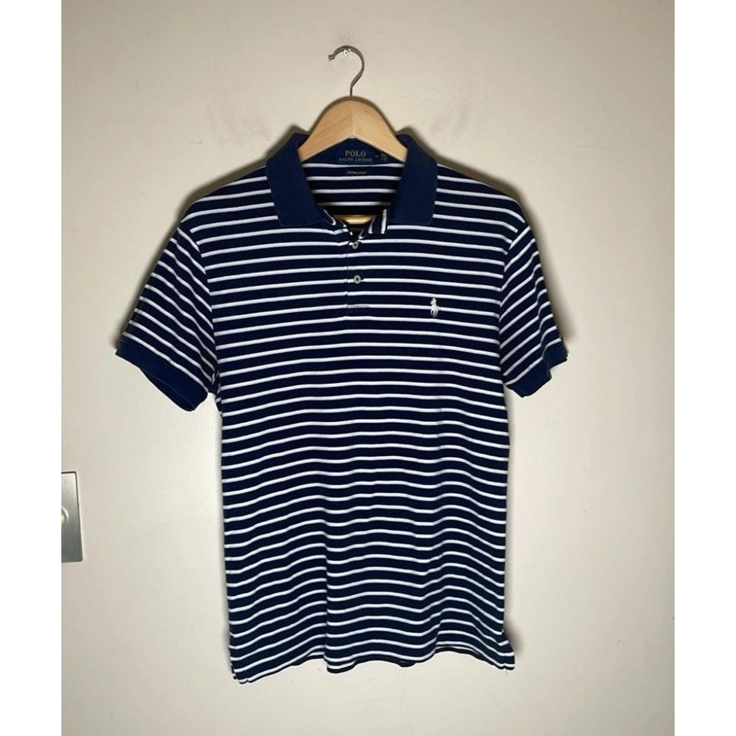 Polo Ralph Lauren Polo Shirt Men's Custom Slim Fit Navy Blue Stripe Shirt M