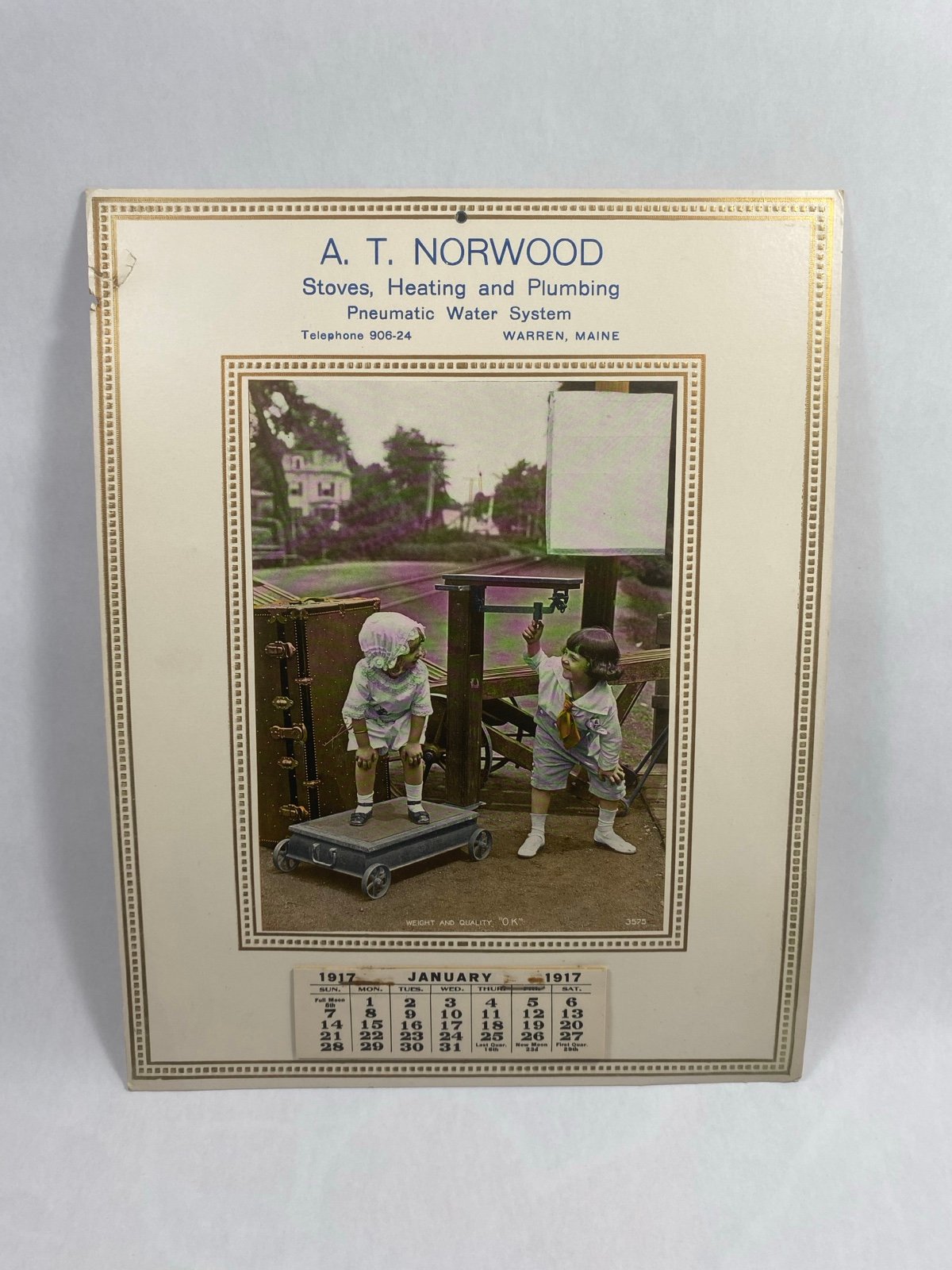 Antique 1917 Advertising Calendar Children Weight And Quality Norwood Warren ME