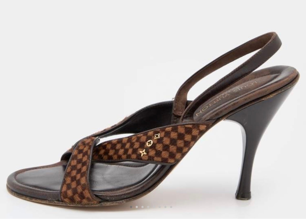Louis Vuitton Brown Damier Ebene Calf hair sling back sandals