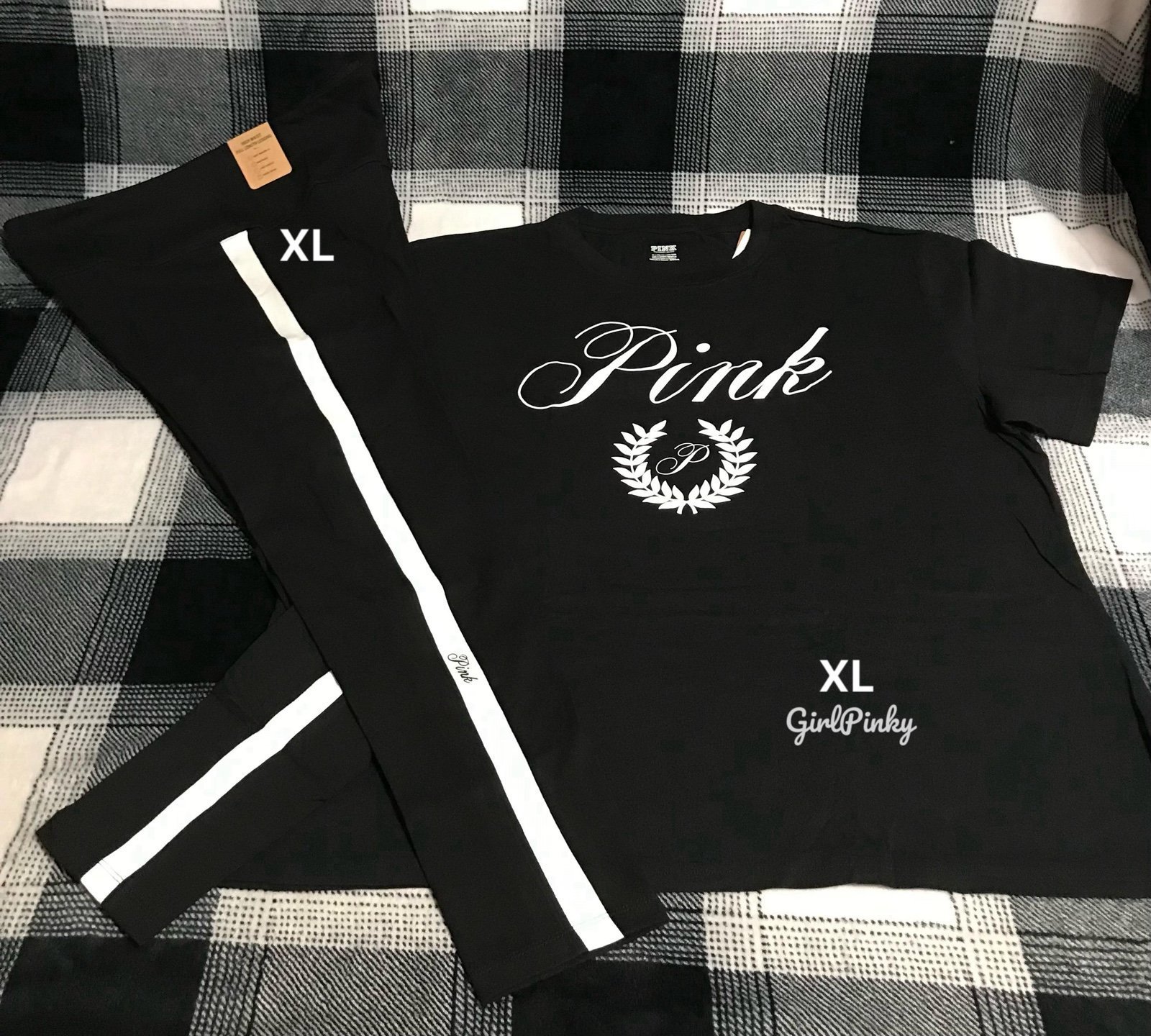 victoria secret PINK leggings OUTFIT WITH BLACK CAMPUS LOGO TEE SIZE EXTRA LARGE