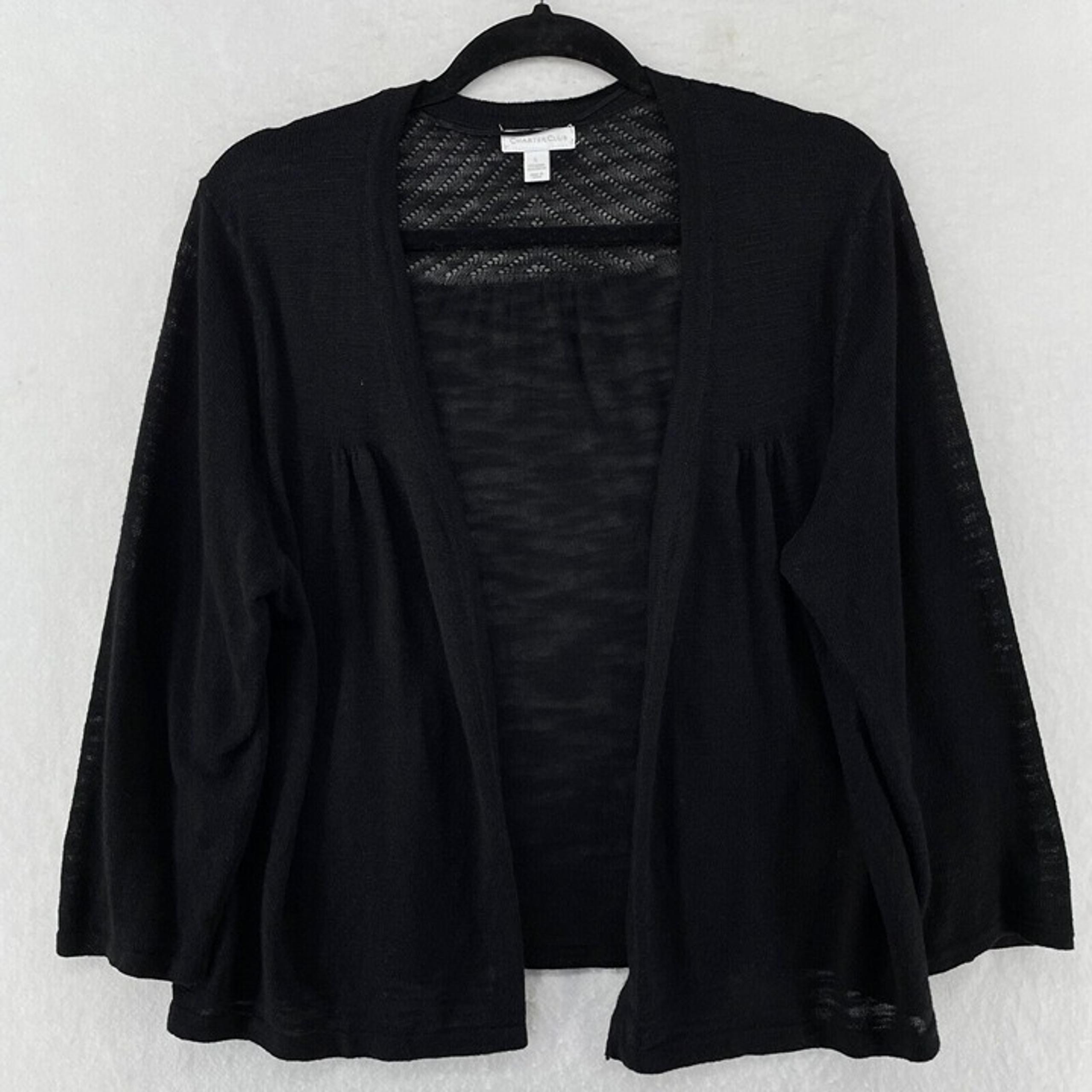 Charter Club Cardigan Women's Sz L Black Knitted Open Front Pleated Lightweight