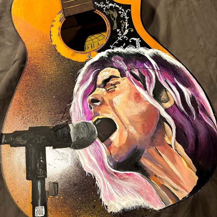 Mixed Media Portrait of Kurt Cobain on Wall Hanger Acoustic Guitar