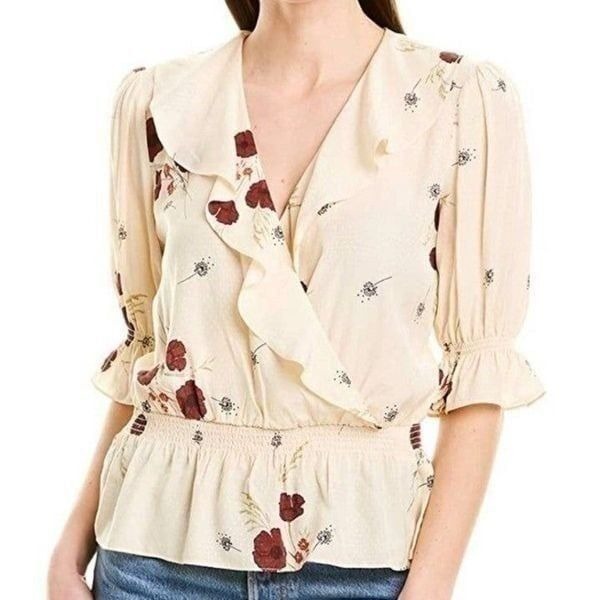 JOIE Ottoline Poppy Floral Ruffle Blouse Off White