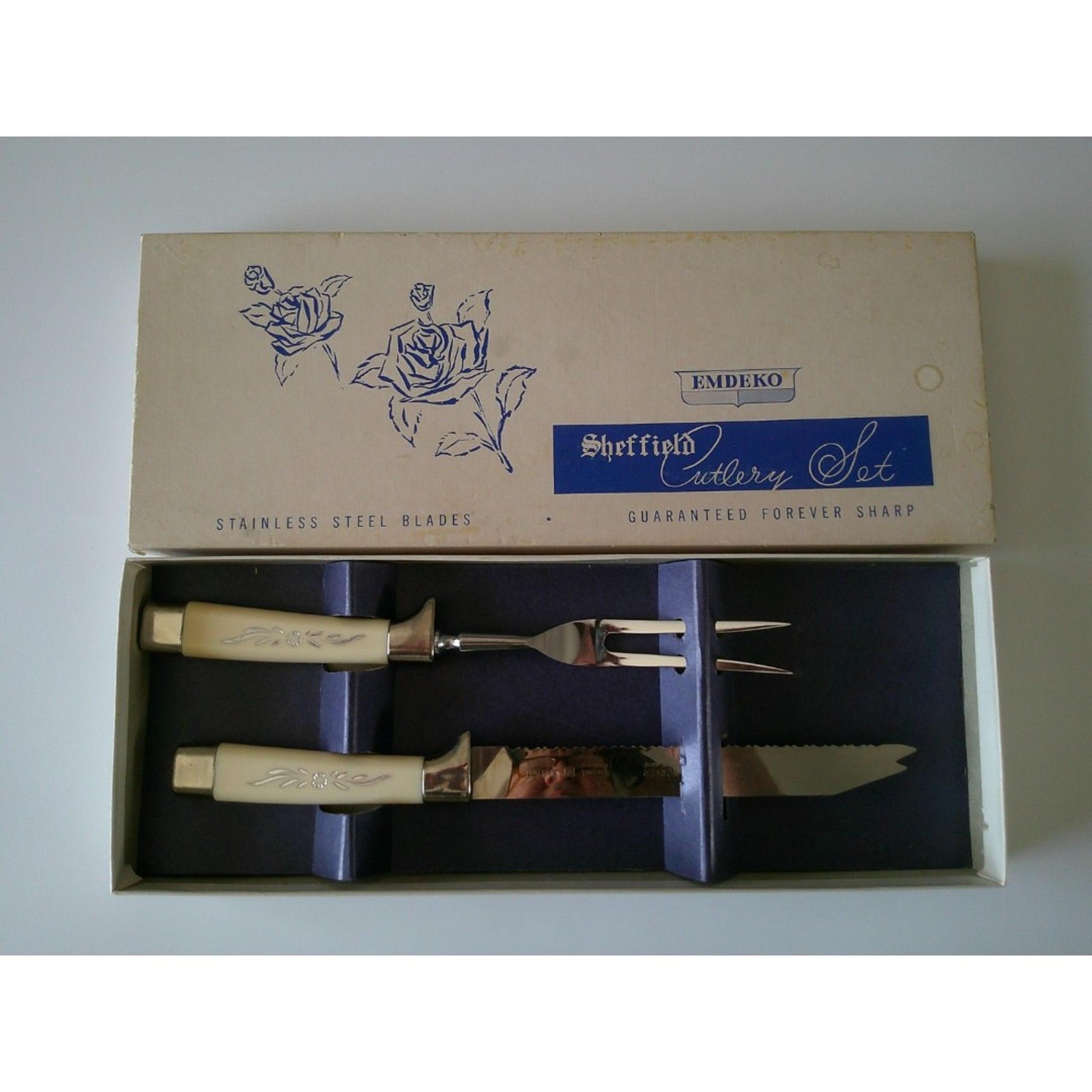 Vintage Sheffield Cutlery Carving Set in Original Box Emdeko Stainless Blade