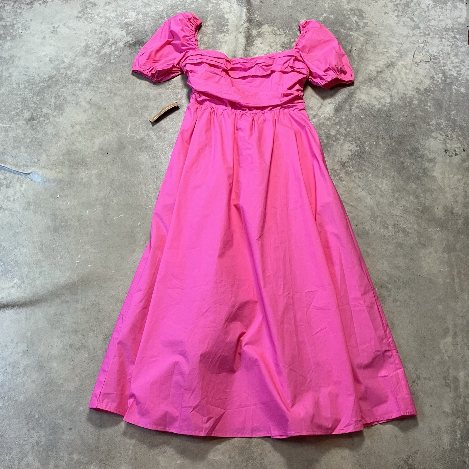 O.P.T Dress Womens SIze L Pink Midi Pockets Smocked Back Puff Sleeve Casual