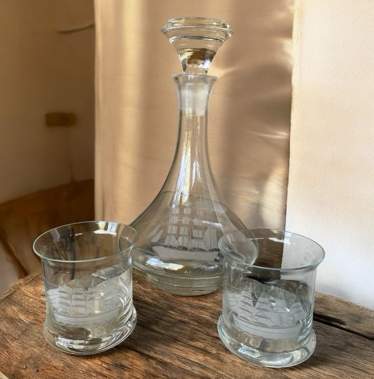Vintage Mid Century Crystal Decanter And Two Rocks Tumblers Etched Nautical Ship