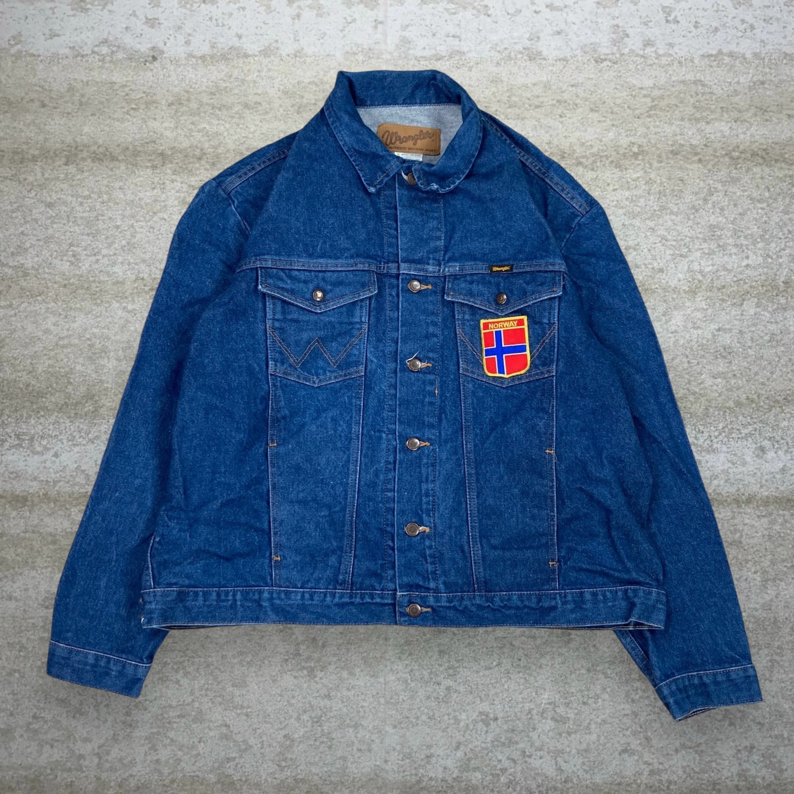 Vintage Wrangler Jean Jacket Dark Wash Denim Norway Patch 100% Cotton Button 90s