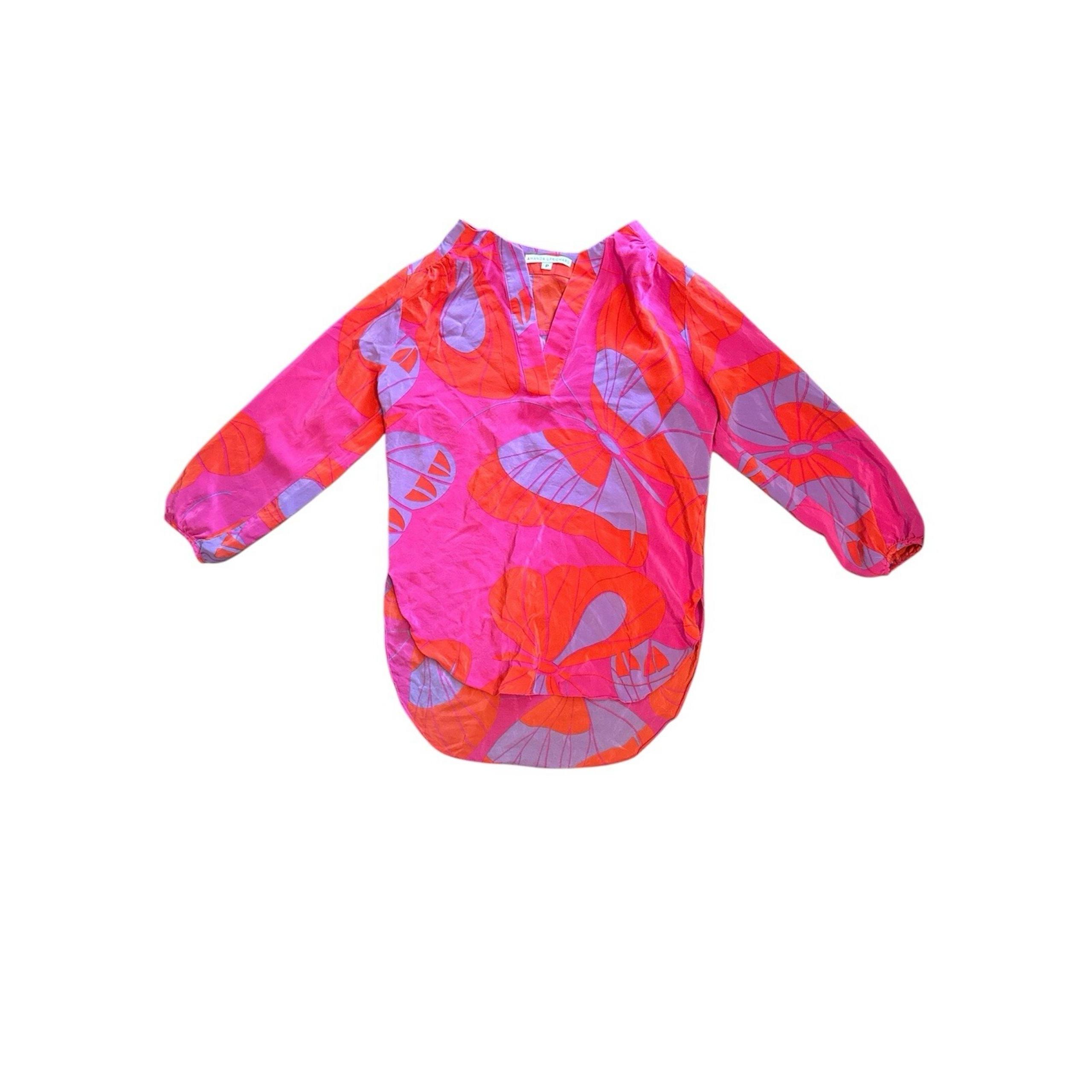 Amanda Uprichard V-Neck Hot Pink 100% Silk Blouse Top Shirt Size P (XS)
