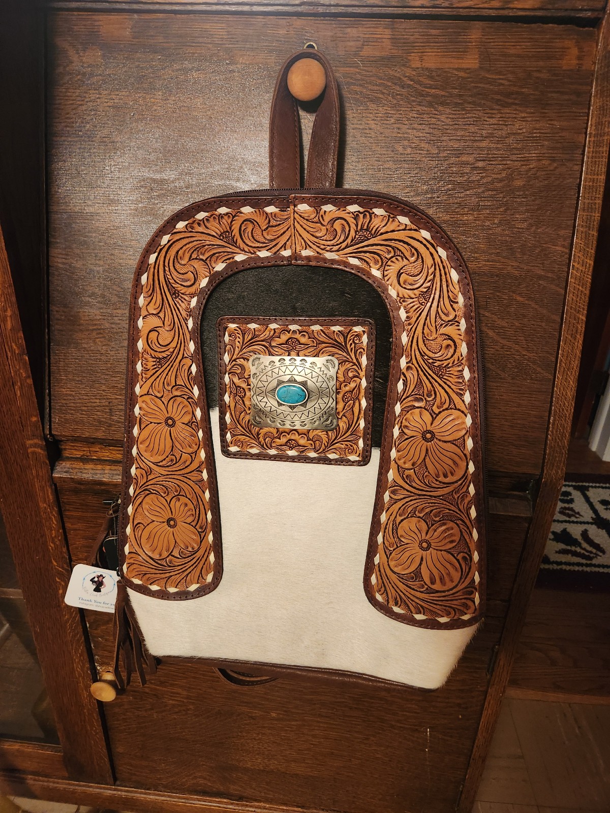nwt American eagle tooled leather and hair on hide backpack purse
