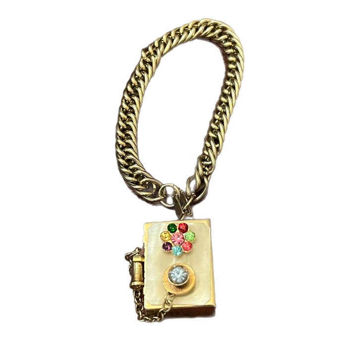 Vintage Rhinestone Mother Of Pearl Shell Phone Locket Trinket Box Charm Bracelet