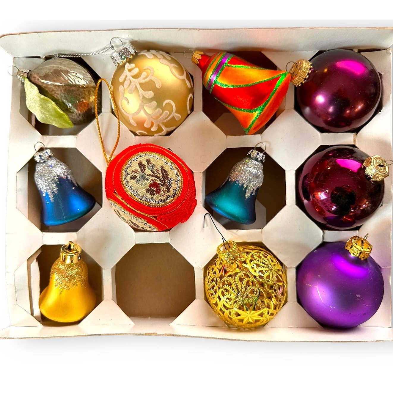 Set of 11 MCM Vintage Glass Christmas Ornaments Bell Gold Filigree Lemon HD
