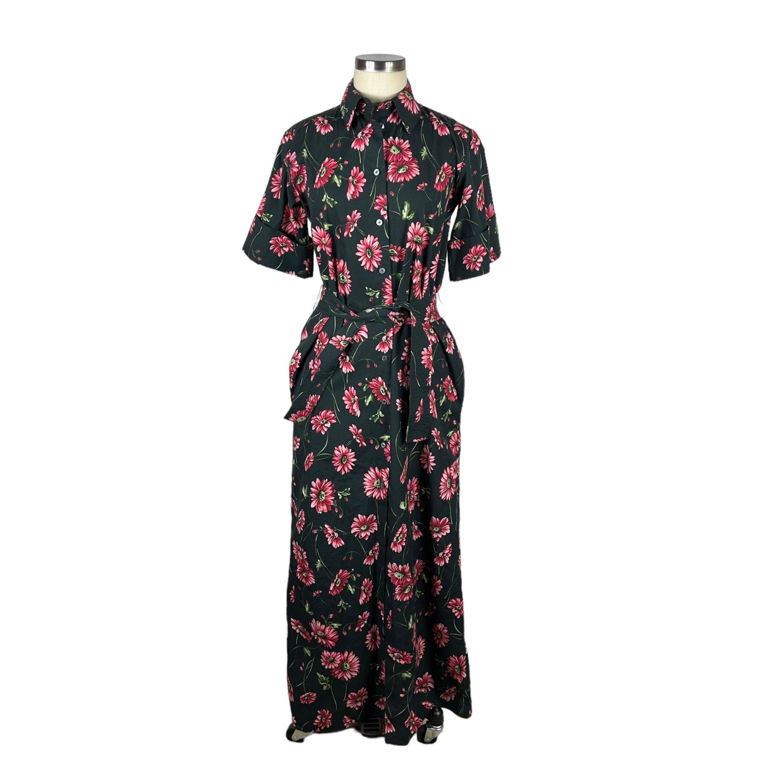 ADAM LIPPES Black Pink Floral Button Down Belted Shirt Dress Midi Long Cotton