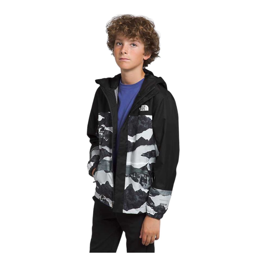 The north face Boys’ Antora Rain Jacket in TNF Black Mountain Traverse Print (G1