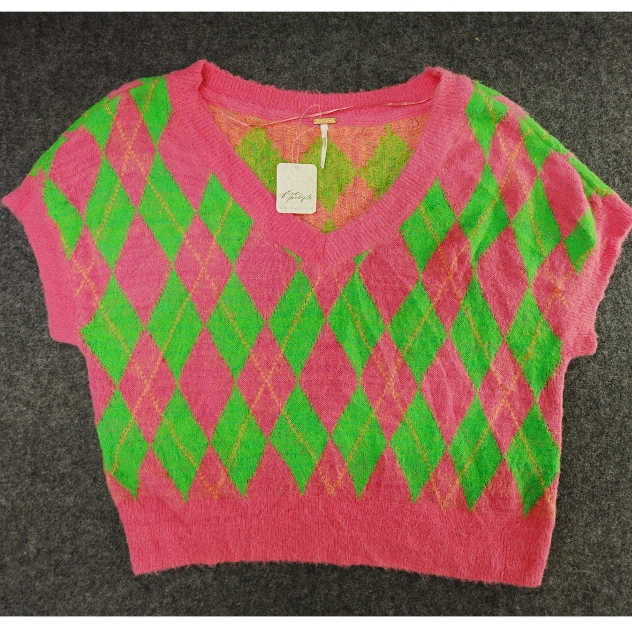 New Sweater Womens Pink Argyle Through The Motions Vest XS NWT - Free People