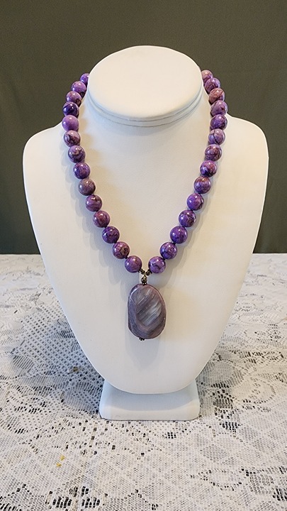 Purple Charoite 925 beaded pendant necklace