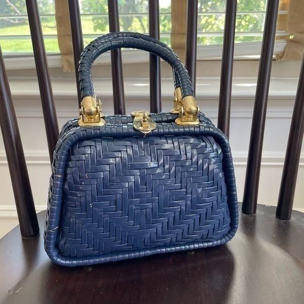 Vintage 50s 60s Lesco Lona Vintage Navy Blue Woven Wicker Bag Purse Satchel