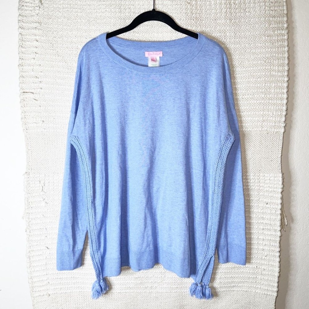 LILLY PULITZER periwinkle purple crochet tassel side panel Damara cotton sweater