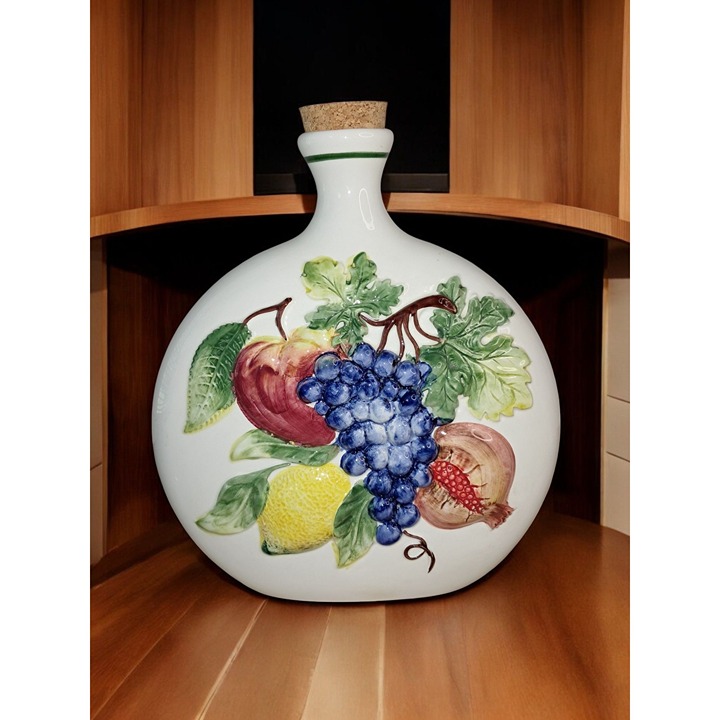 Vintage Italian Ceramic Fruit Vase—Hand-Painted Decorative Jug with Cork Top
