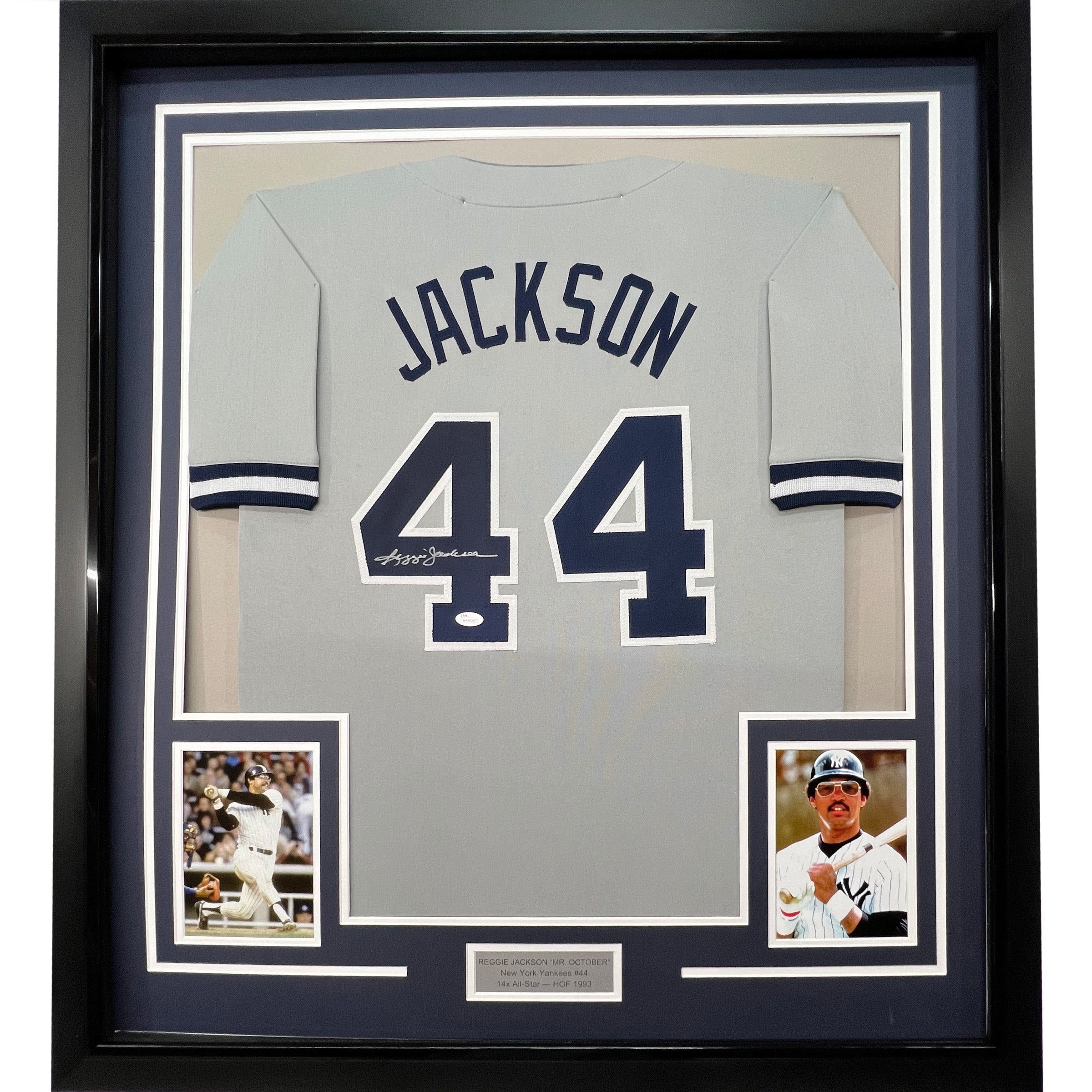 Framed Autographed/Signed Reggie Jackson 35x39 New York Grey Jersey JSA COA
