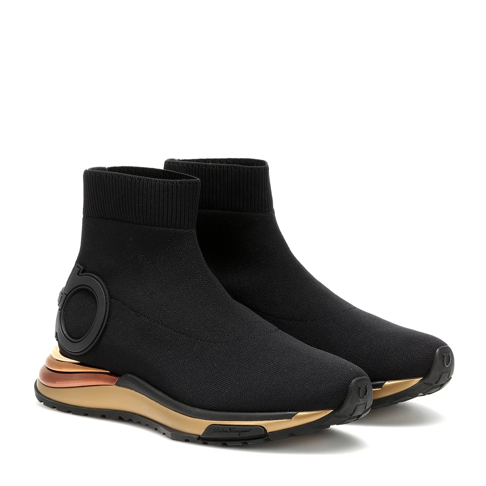 NIB FERRAGAMO GARDENA BLACK KNIT GANCINI LOGO PULL ON HIGH TOP SOCK BOOTS 10.5 C