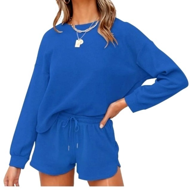 Zesica Womens Blue Long Sleeve Casual Knit Shorts Lounge Set Size M