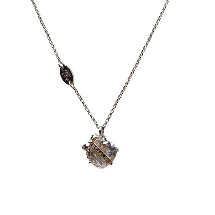 Juicy Couture Silver-Tone Crystal Heart Pendant Necklace With Branded Charm