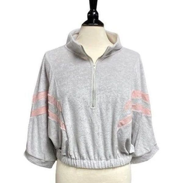 POL Grey & Pink Velour Crop Quarter Sleeve & Zip Track Pullover NWT