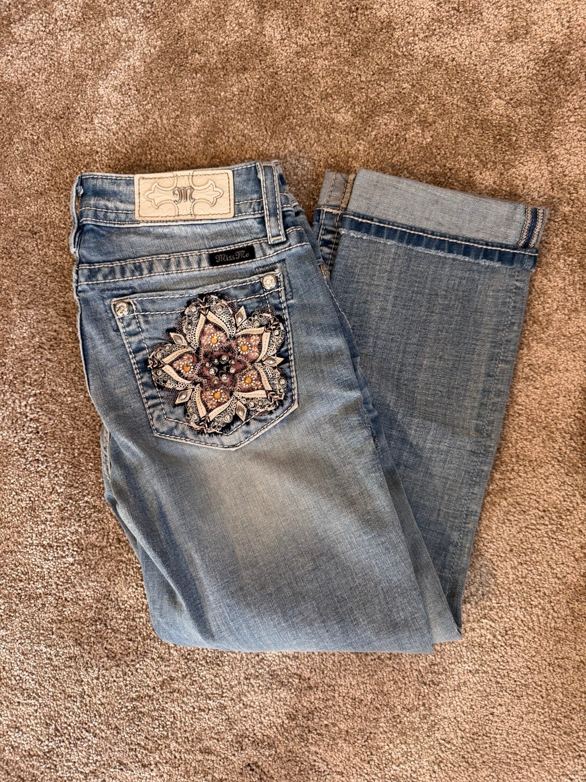 Miss Me Light Blue Capris Jeans with Embroidery