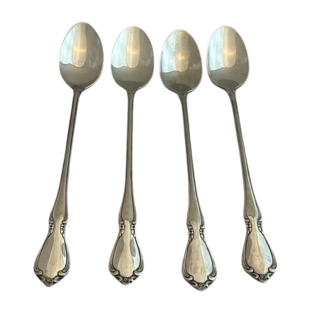 Oneidacraft Deluxe Stainless Flatware Set Chateau Floral 4 Long Iced Tea Spoons