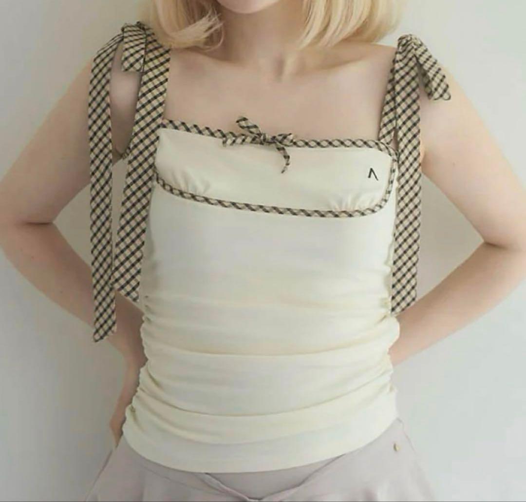 トップス andmary Alice check ribbon tops ivory ANDMARY】Alice check ribbon tops
