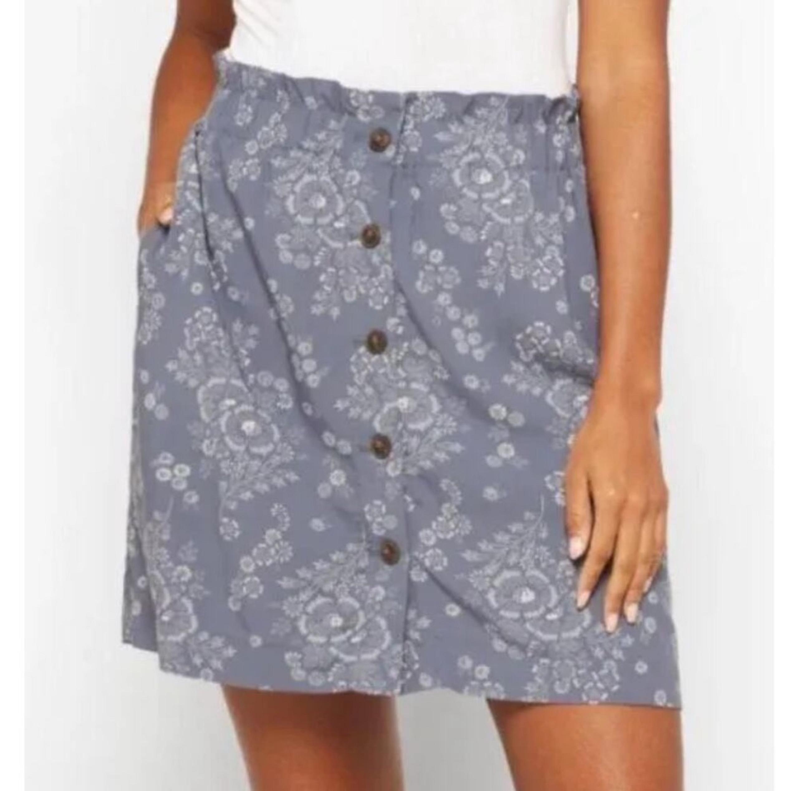 Madewell Floral Chambray Skirt Blue Paperbag Waist Buttons M9824 Women’s Size XL
