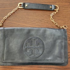 Tory Burch Black Leather Bombe Clutch with Removable Gold Chain Strap
