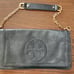Tory Burch Black Leather Bombe Clutch with Removable Gold Chain Strap