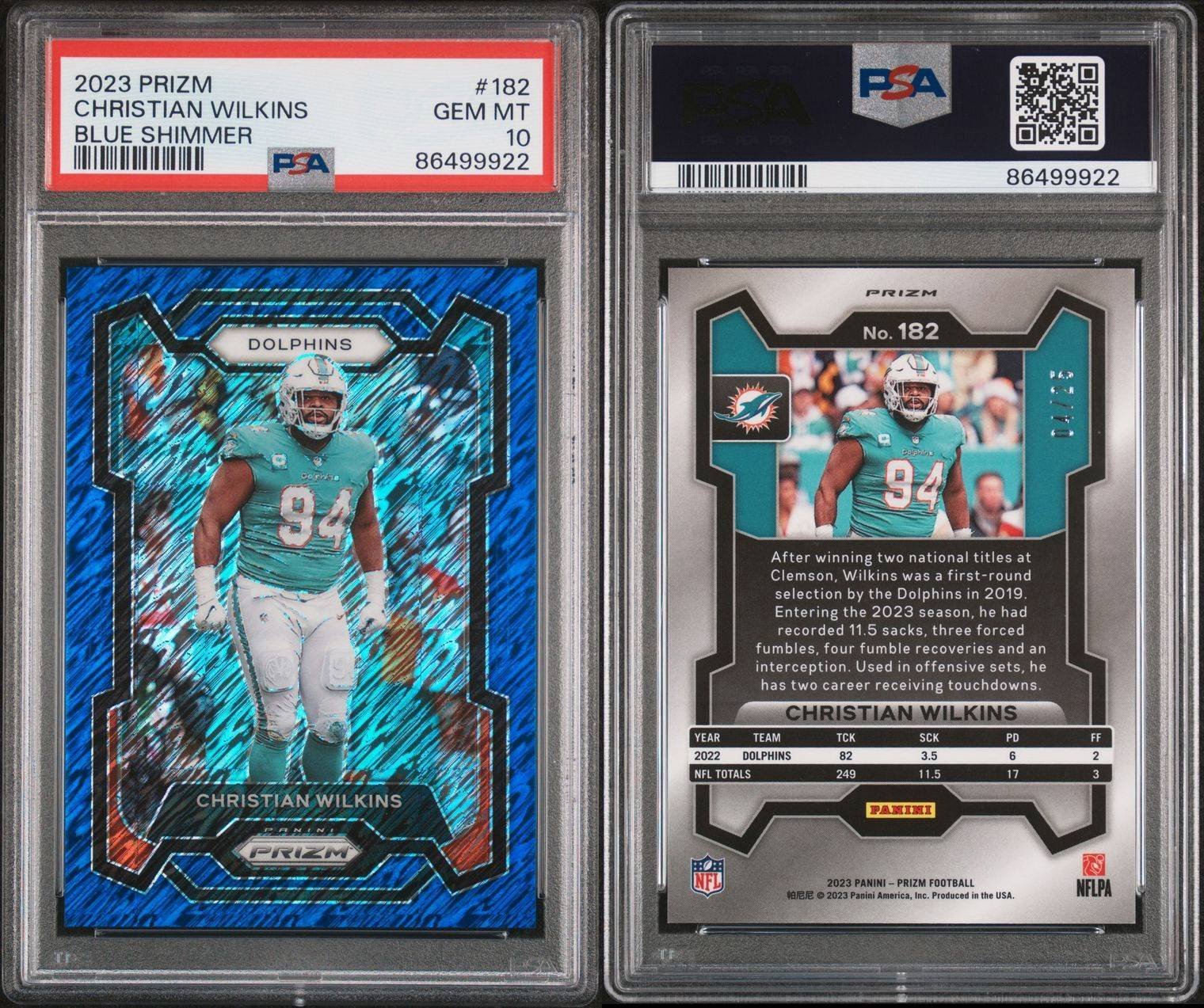 PSA 10 POP 1 Christian Wilkins 2023 Prizm Blue Shimmer FOTL /25 Dolphins
