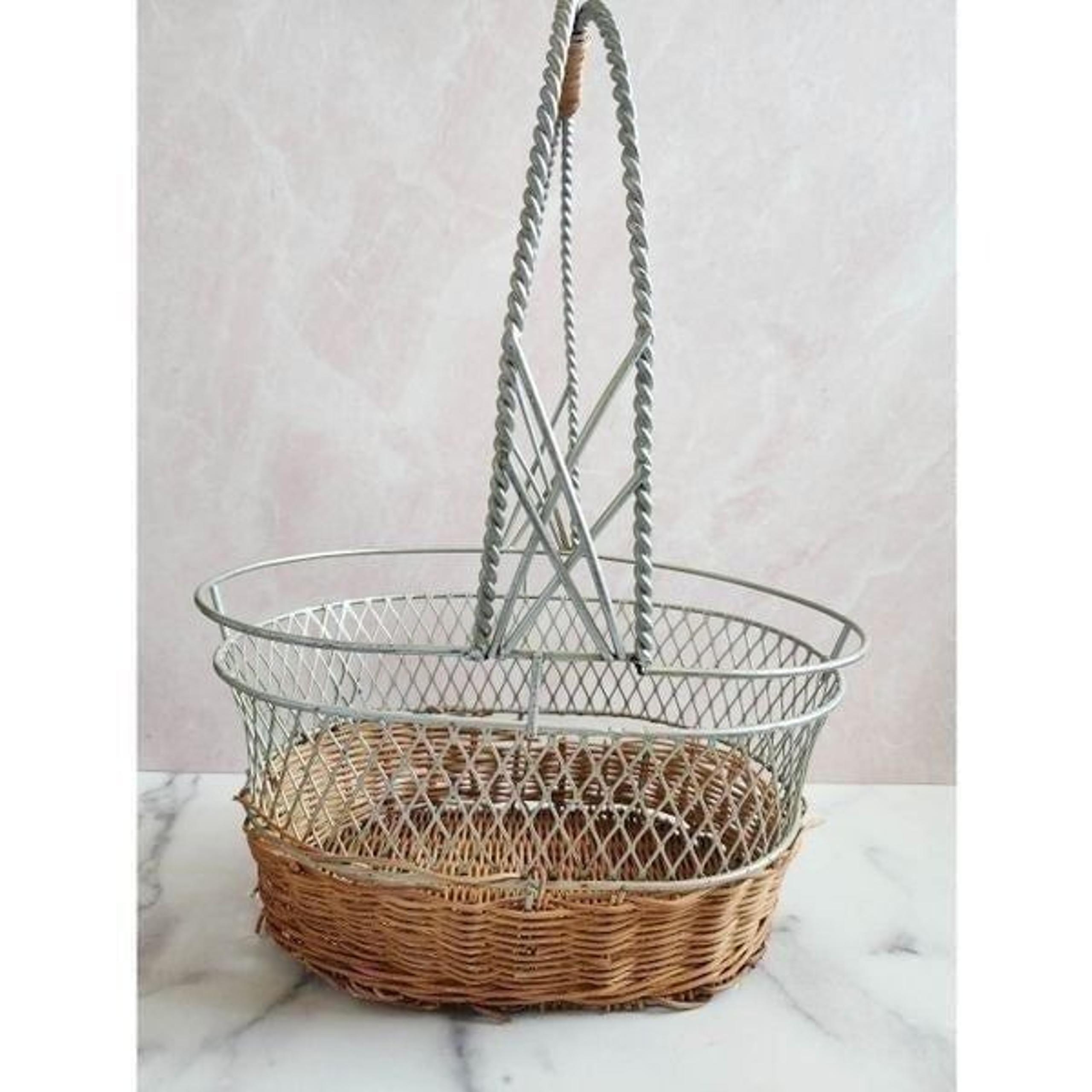 Vintage wire woven wicker basket long handle oblong