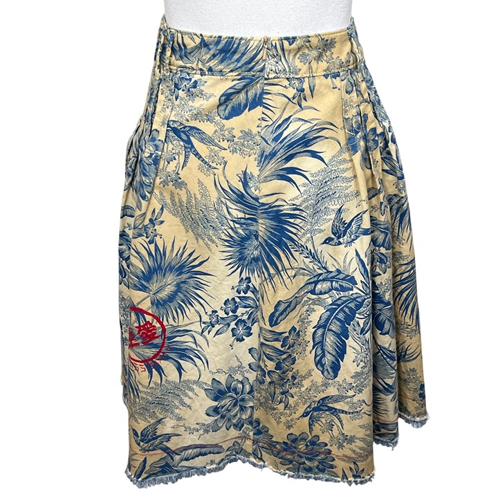 VINTAGE MISS SIXTY Dirty Denim Full Skirt Blue Floral Bird Pattern Sz S EUC