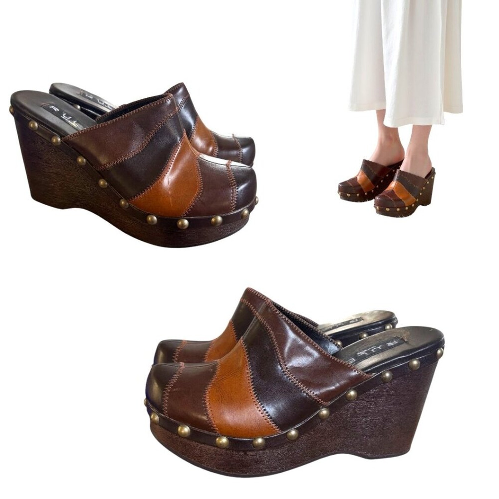 90's y2k VTG. PATCHWORK WESTERN BOHO STUDDED WEDGE CLOGS RULE STEVE MADDEN 7 EUC