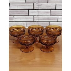5 Amber King's Crown, Thumbprint Sherbet Glasses/ Vintage Amber Dessert Cups/Ind