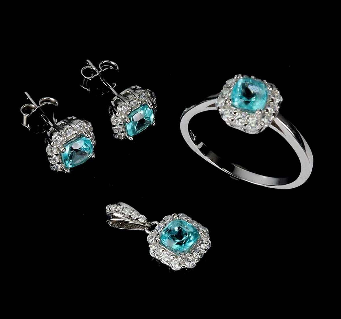 Set! Genuine Paraiba Blue Topaz Ring size 8.5, Earrings & Pendant necklace SS.