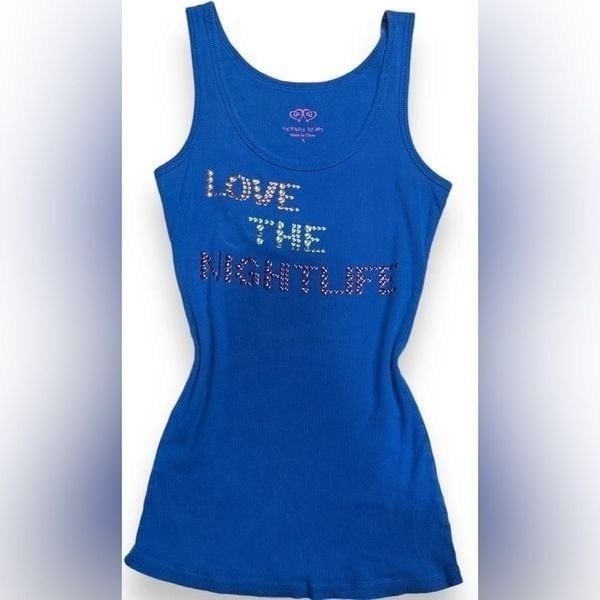 NWOT VS Women’s Blue Ribbed Tank Stud Accent Love The Nightlife- Size Large