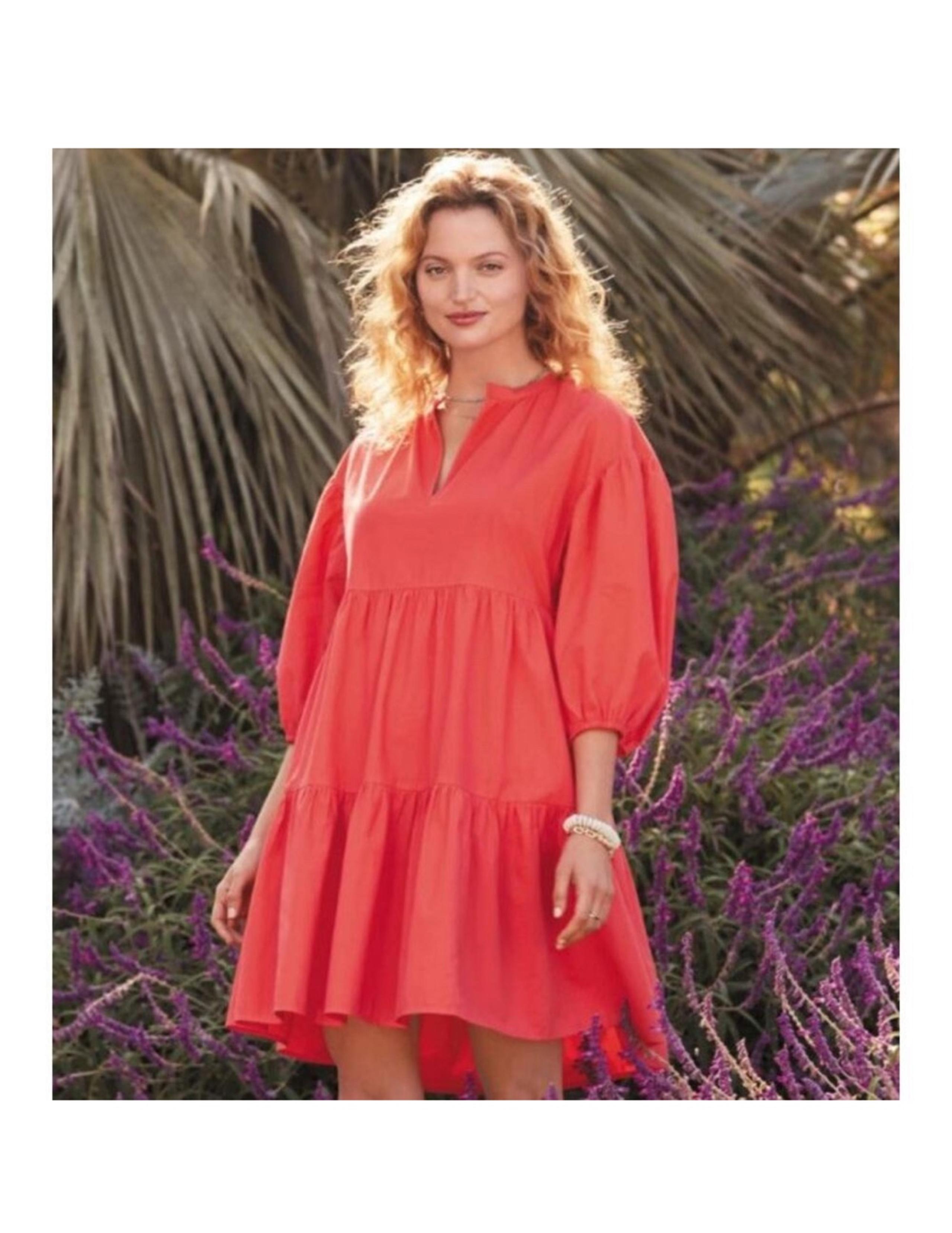 EVEREVE Sundry The Anywhere Babydoll Dress 3 Red Tiered Balloon Sleeves Cottage