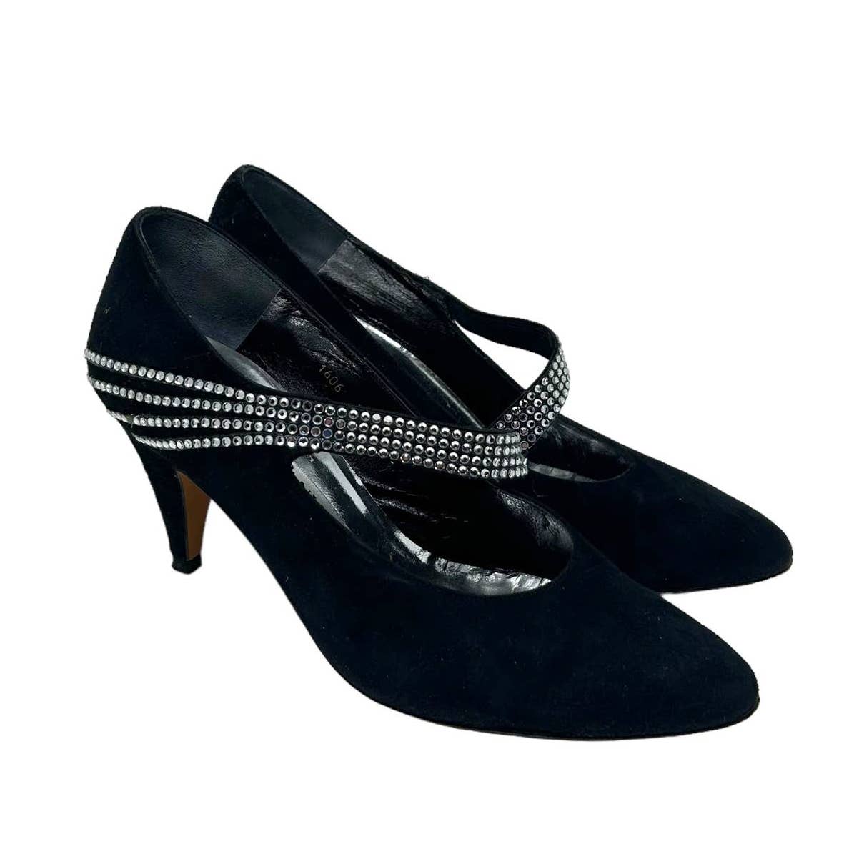 Lanvin Paris Vintage Black Satin Suede Rhinestone Band Bumps Size 35 / US 5