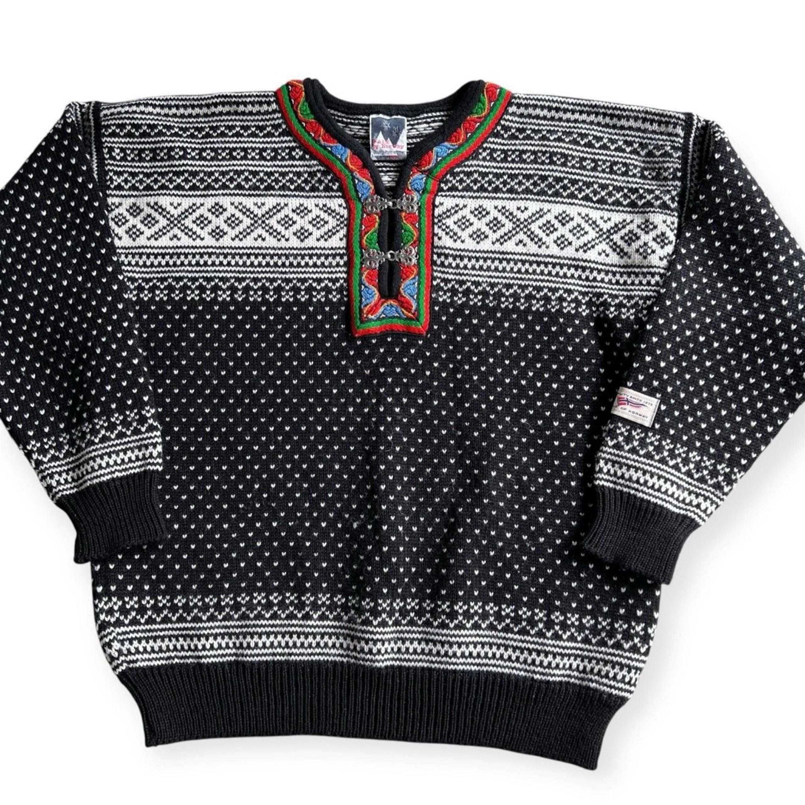 Dale of Norway Fair Isle Nordic Wool Sweater Men Medium 1/4 Clasp Black Birdseye