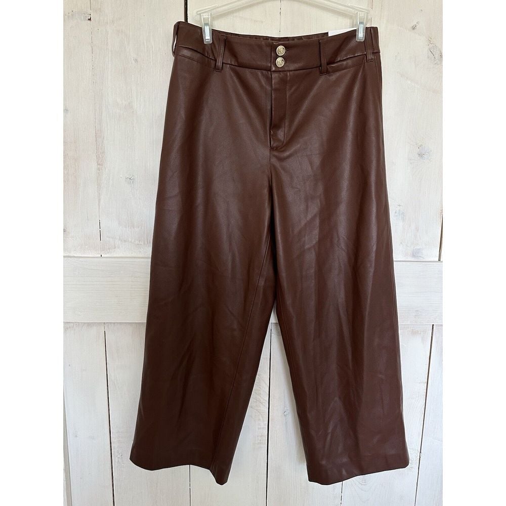 Chico's Cambridge Brown Fly Front Vegan Leather Wide Crop Fashion Pants Size 10